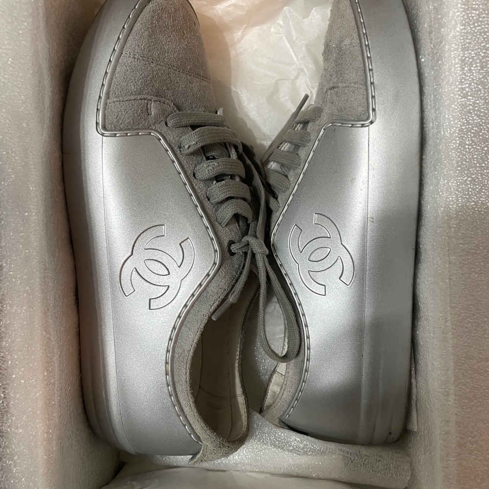 Authentic CHANEL  Silver Sneakers with Shoe Box